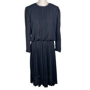 Vintage V.L.P Black Crew Neck Pleated Chiffon Long Sleeve Midi Sheath Dress PS